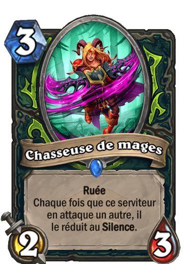 Rare · Serviteur · L’Académie Scholomance · Ruée Chaque fois que ce serviteur en attaque un autre, il le réduit au Silence.
