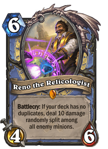 Legendary · Minion · Saviors of Uldum · Battlecry: If your deck has no duplicates, deal 10 damage randomly split among all enemy minions.